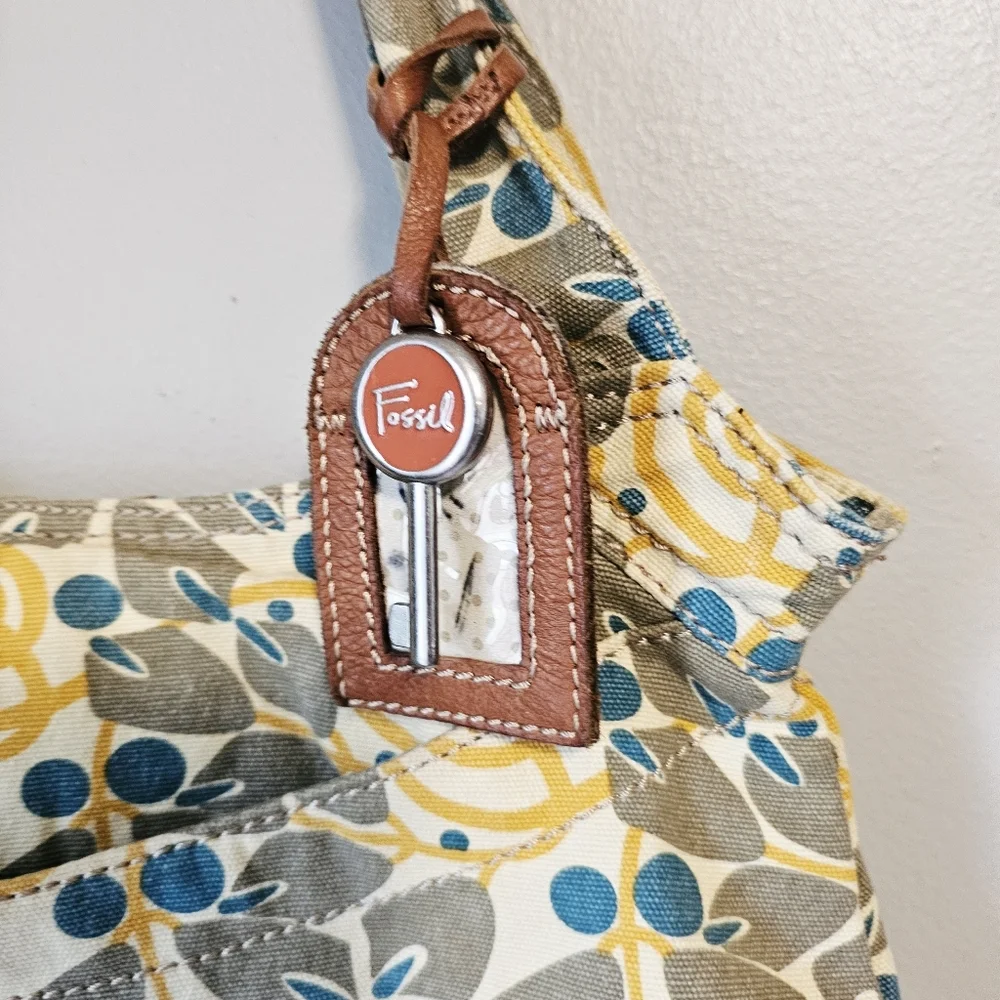 Fossil canvas Floral Patterned Tote Bag with Yellow and Blue Accents - Picture 4 of 11